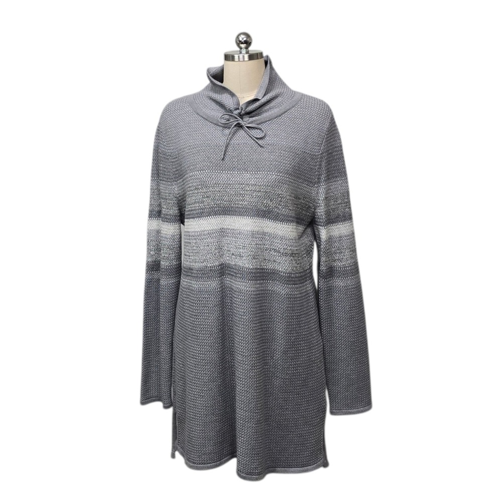 Krimson Klover Grey Merino Wool Blend Tie Funnel Neck Striped Knit Tunic Size XL